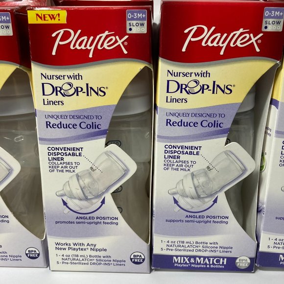 Playtex Baby Bottles Nurser with Drop Ins Liners Angled NaturaLatch SLOW 0-3M+ - Picture 2 of 13